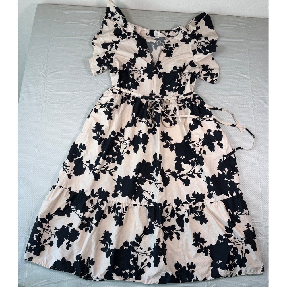 A New Day Womens XL Beige Black Floral Flutter Sleeve Tiered Midi Dress